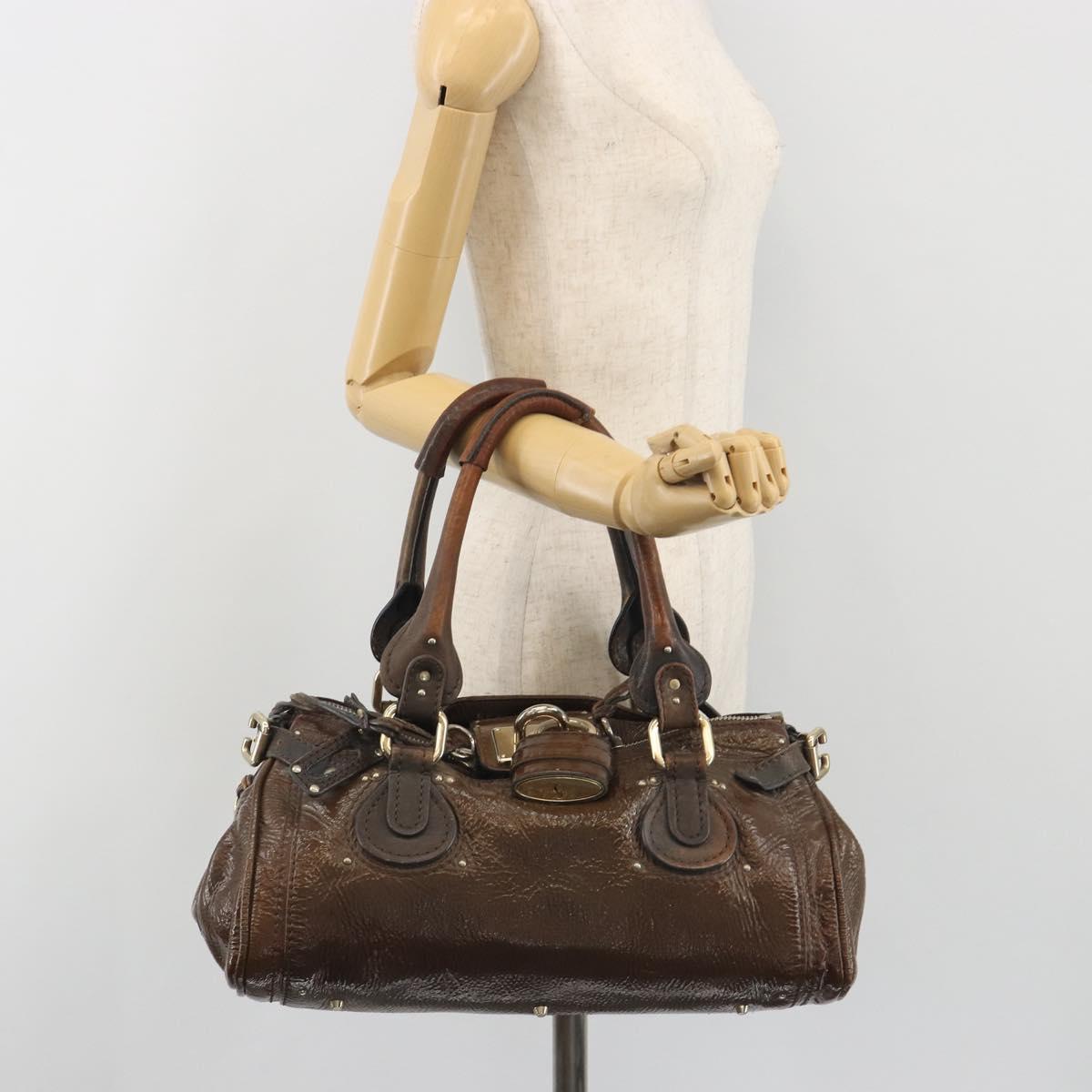 Chloe Paddington Hand Bag Patent Leather Khaki Silver gold Auth bs36778