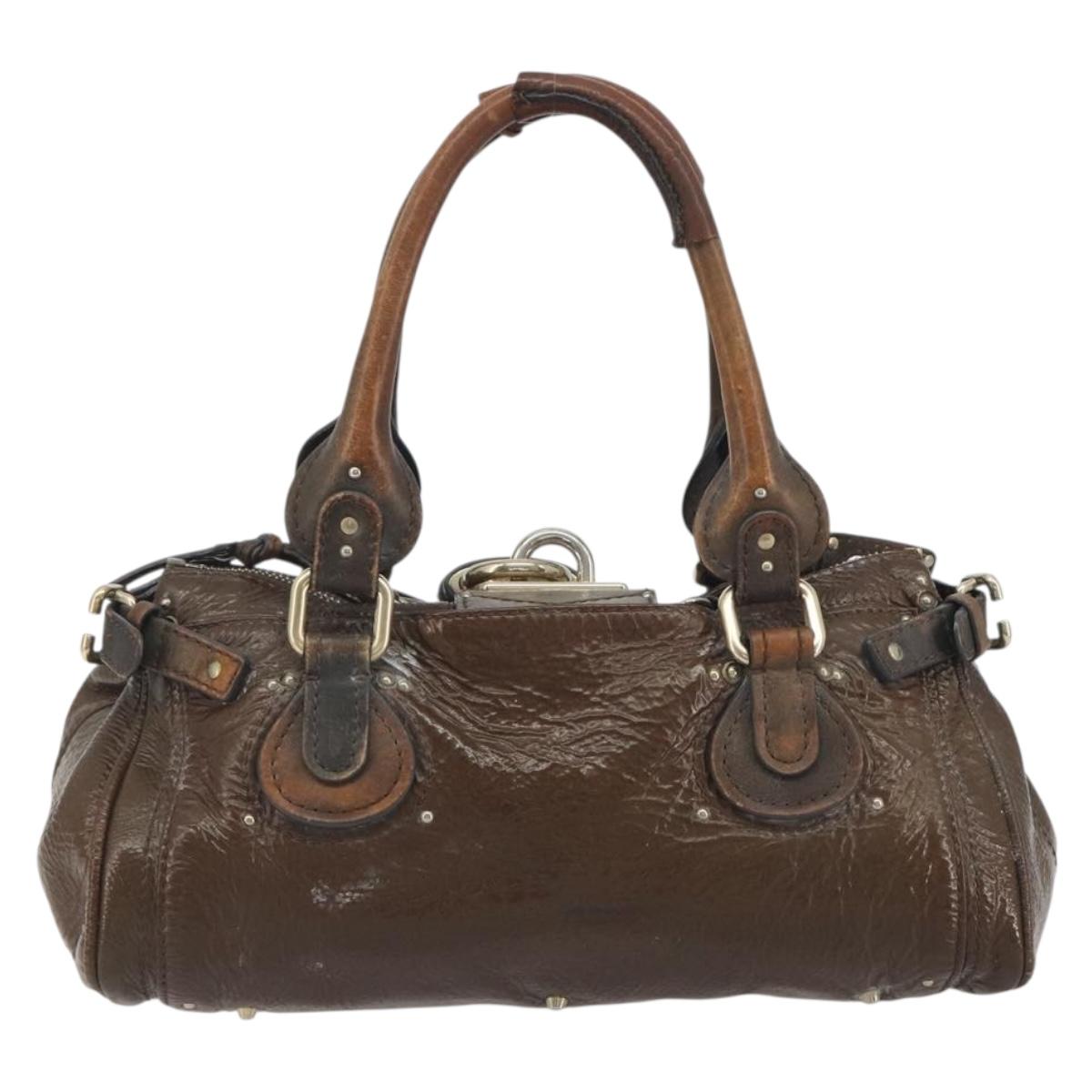 Chloe Paddington Hand Bag Patent Leather Khaki Silver gold Auth bs36778
