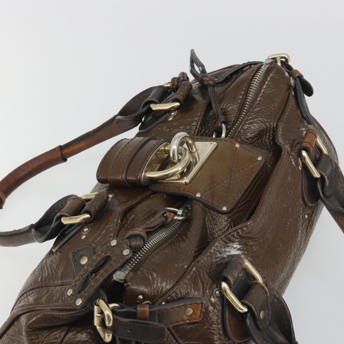 Chloe Paddington Hand Bag Patent Leather Khaki Silver gold Auth bs36778