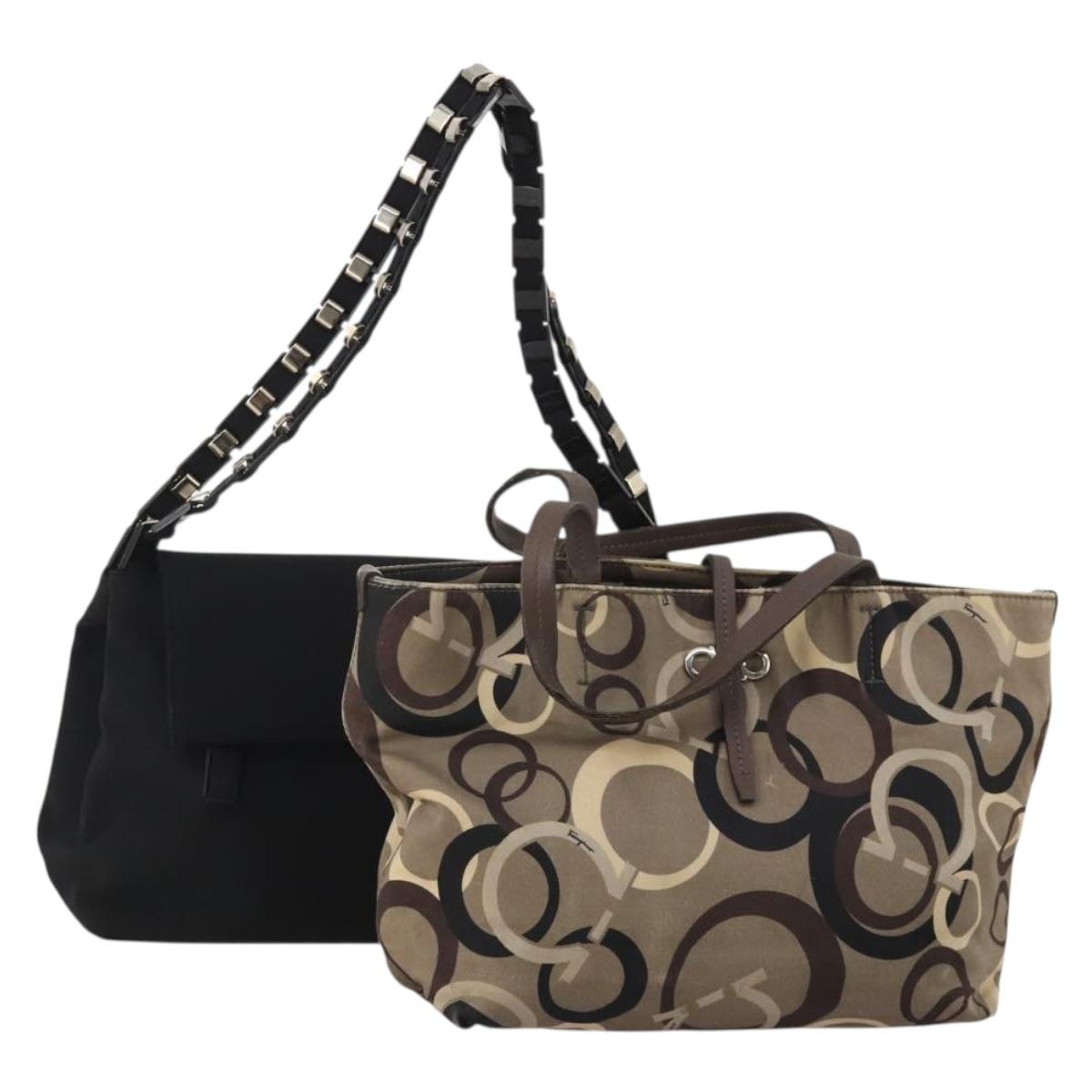 Salvatore Ferragamo Shoulder Bag Canvas 2 Set Black Brown Auth bs36793