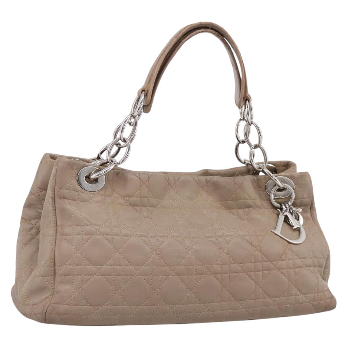 Christian Dior Canage Hand Bag Leather Beige Silver Auth bs36815