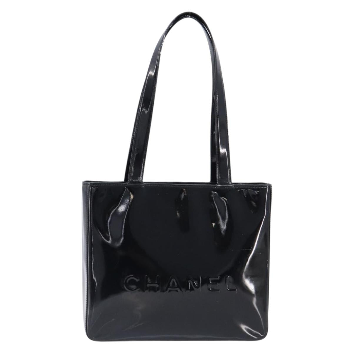 CHANEL Tote Bag Patent Leather Black Gold CC Auth bs36827