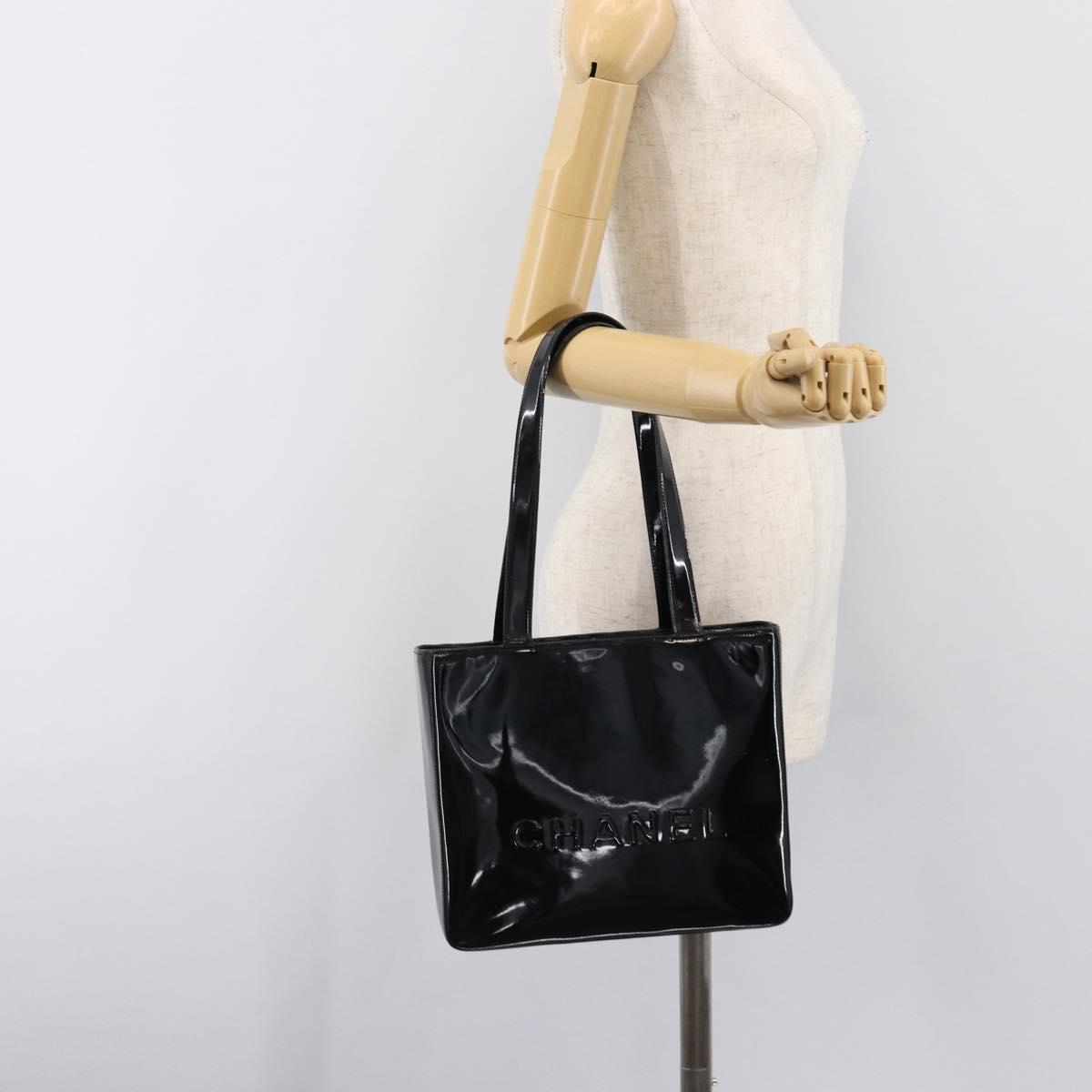 CHANEL Tote Bag Patent Leather Black Gold CC Auth bs36827