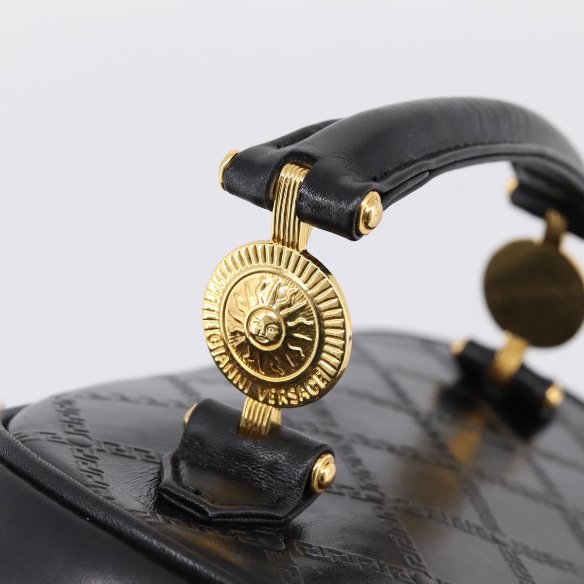 Gianni Versace Vanity Hand Bag Leather Black Gold Auth bs36840