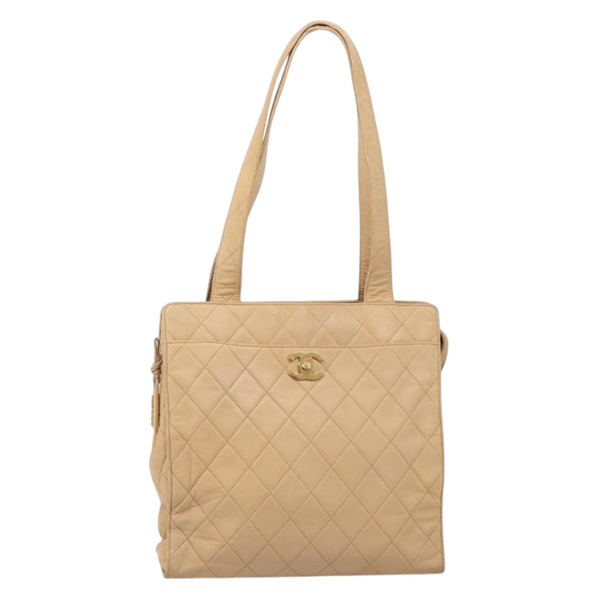 CHANEL Matelasse Shoulder Bag Lamb Skin Beige Gold CC Auth bs36843
