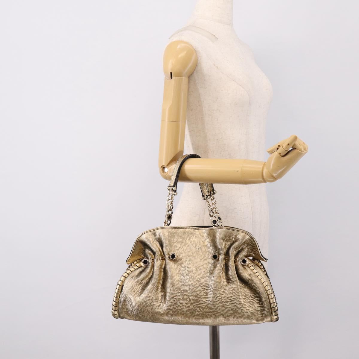 BVLGARI Chain Hand Bag Leather Gold Tone Auth bs36845