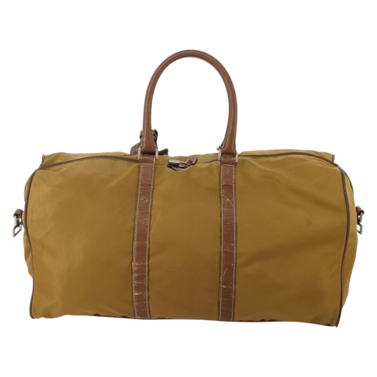 PRADA Boston Bag Nylon Beige Silver Auth bs36871