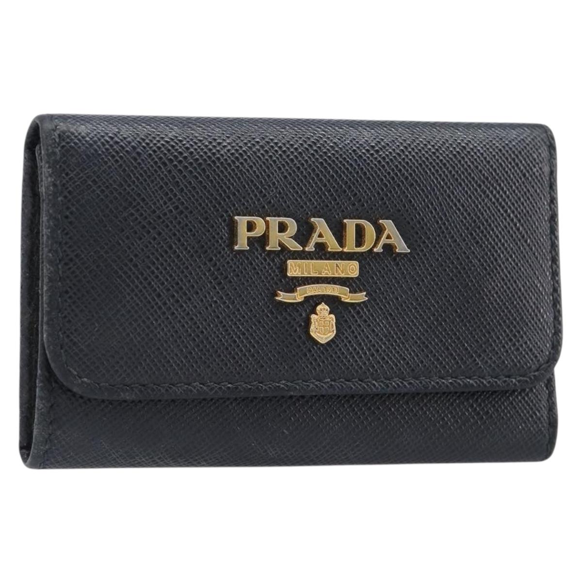 PRADA Key Case Safiano Leather Navy Gold Auth bs36879