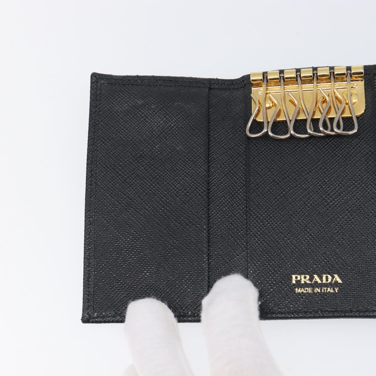 PRADA Key Case Safiano Leather Navy Gold Auth bs36879
