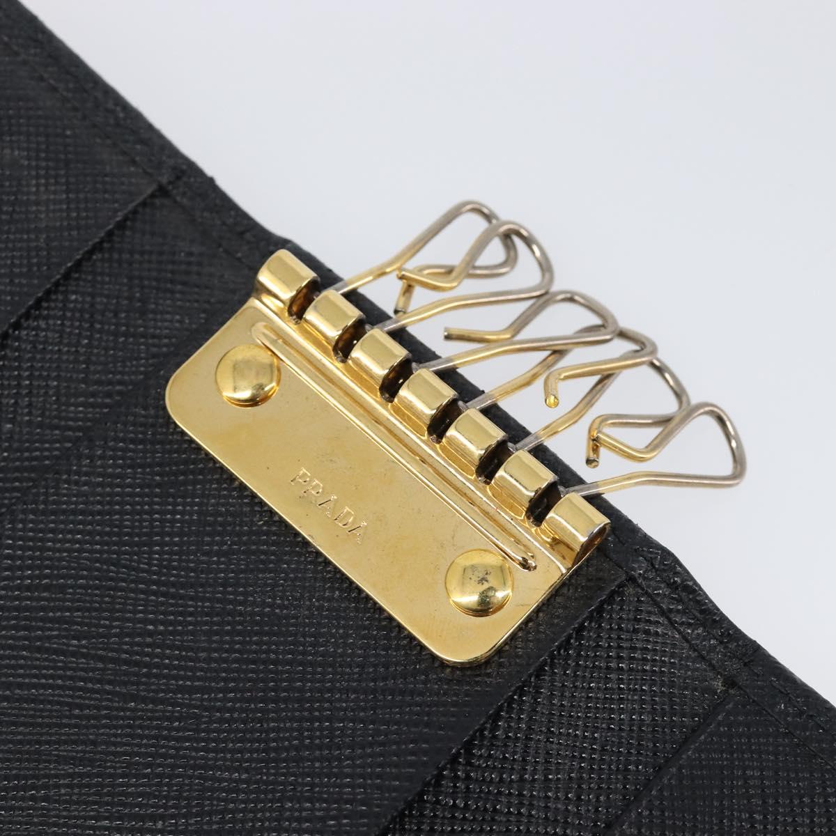 PRADA Key Case Safiano Leather Navy Gold Auth bs36879