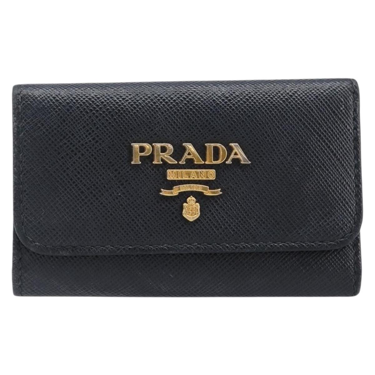 PRADA Key Case Safiano Leather Navy Gold Auth bs36879