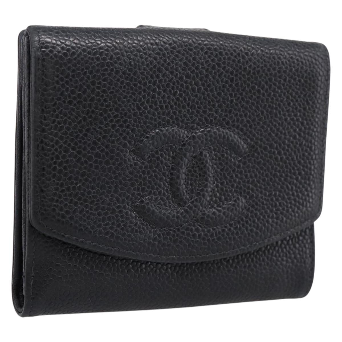 CHANEL COCO Mark Bifold Wallet Caviar Skin Black Gold CC Auth bs36909
