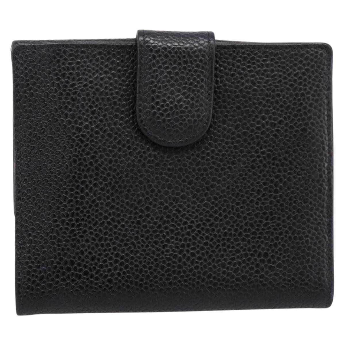 CHANEL COCO Mark Bifold Wallet Caviar Skin Black Gold CC Auth bs36909