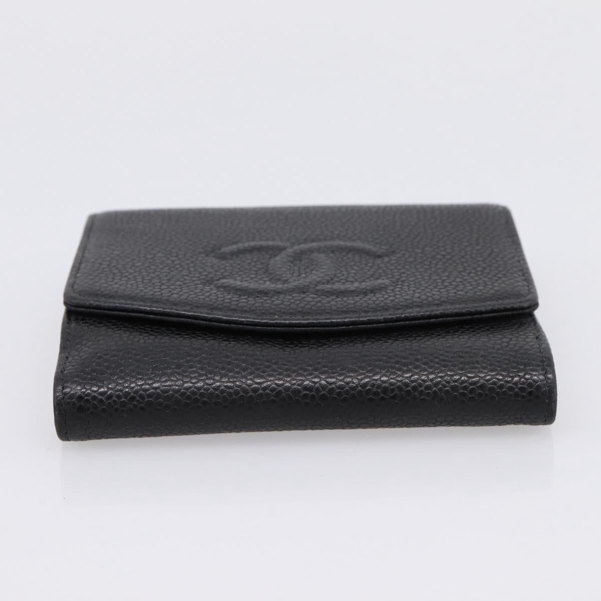 CHANEL COCO Mark Bifold Wallet Caviar Skin Black Gold CC Auth bs36909
