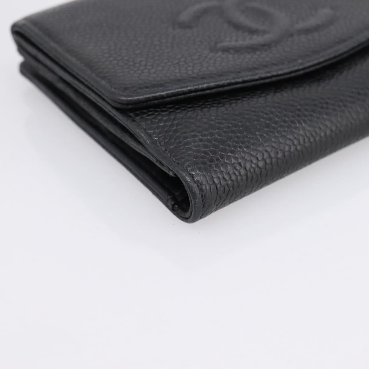 CHANEL COCO Mark Bifold Wallet Caviar Skin Black Gold CC Auth bs36909