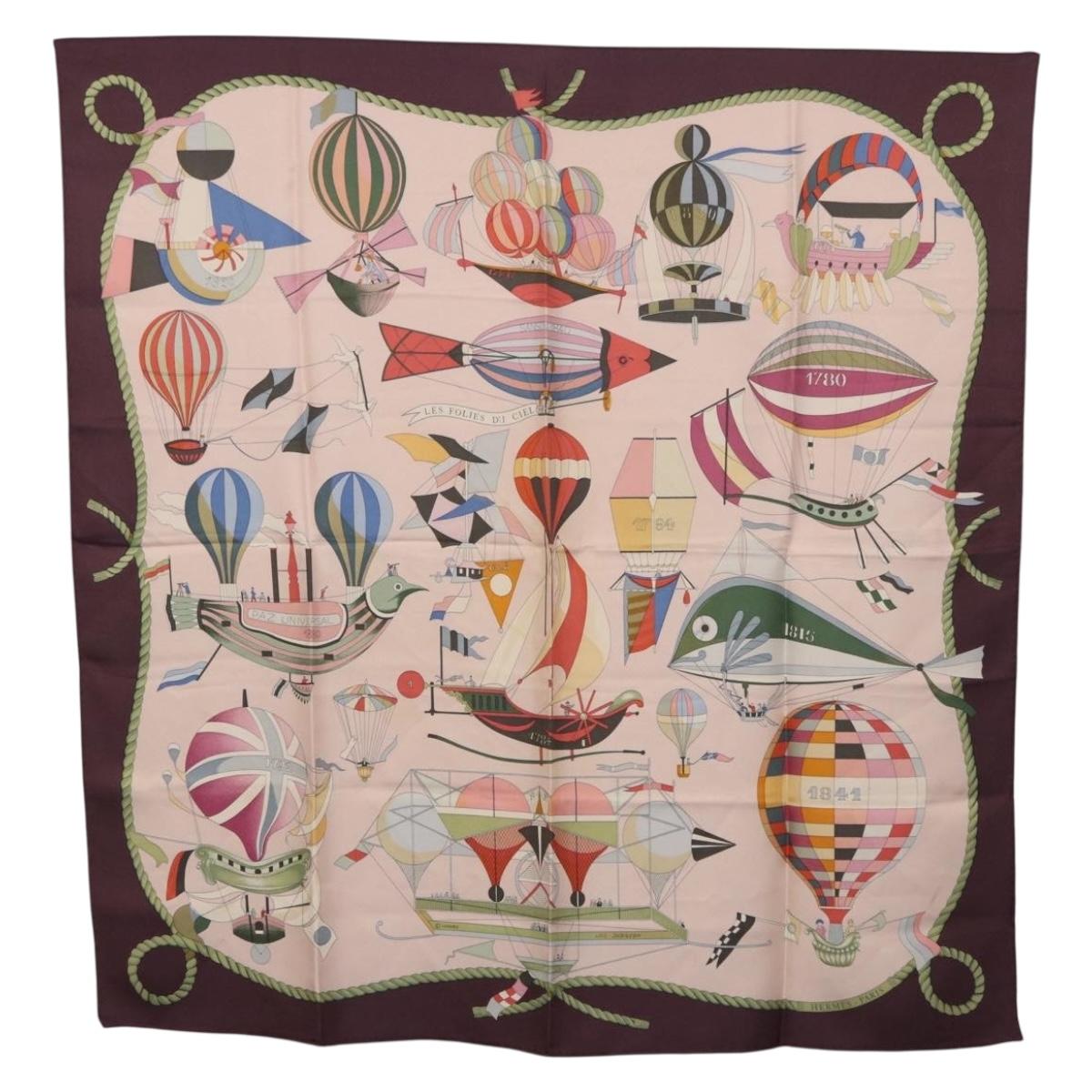 HERMES Carre 90 Scarf ""LES FOLIES DU CIEL"" Silk Pink Auth bs36920