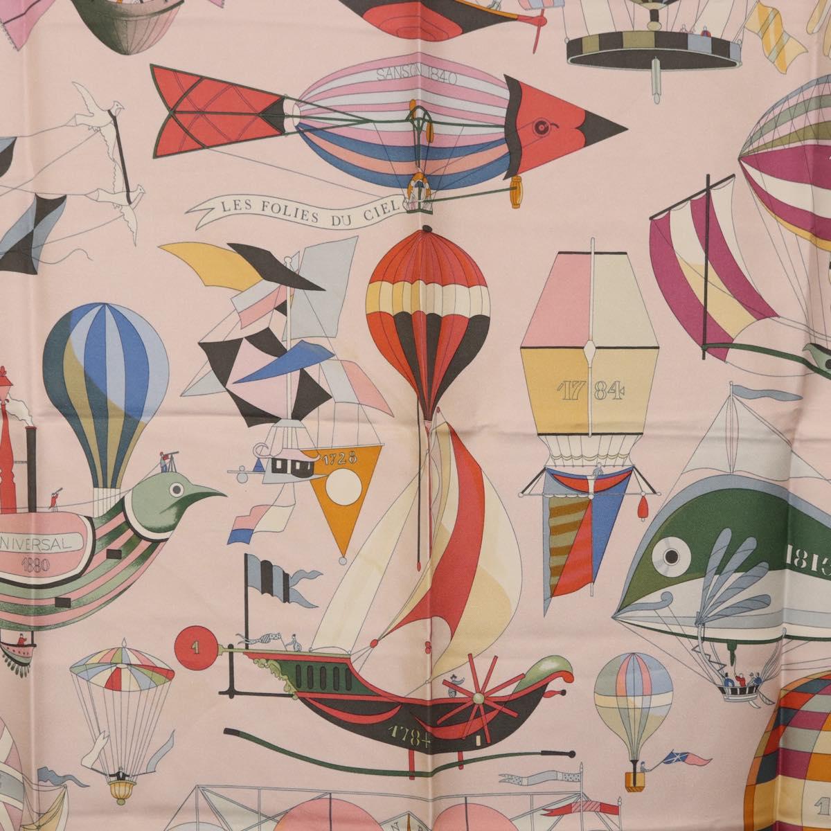 HERMES Carre 90 Scarf ""LES FOLIES DU CIEL"" Silk Pink Auth bs36920