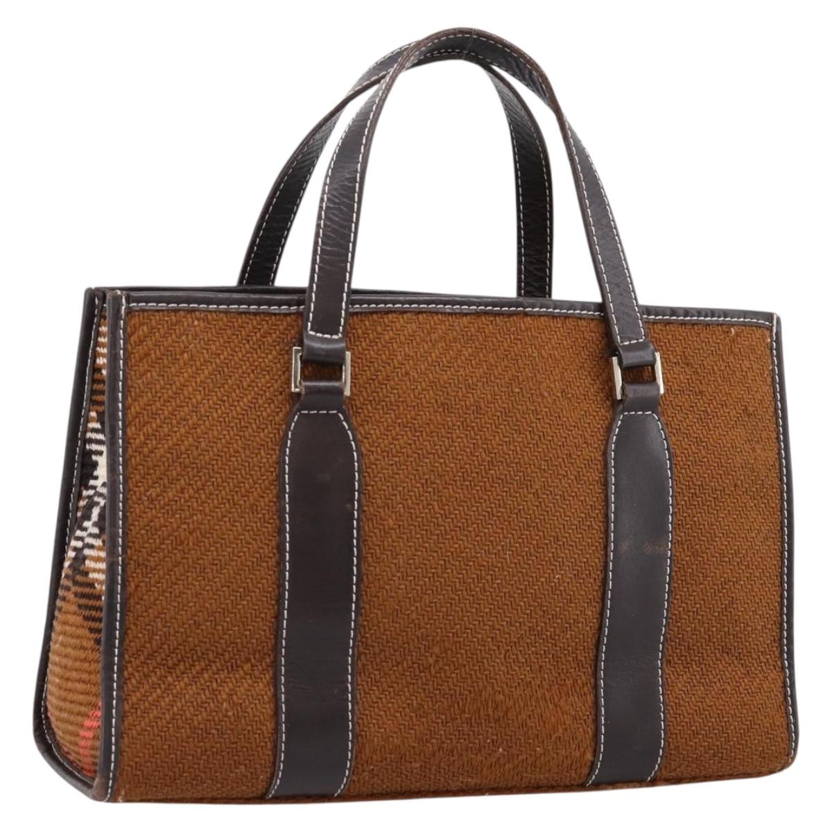 BURBERRY Nova Check Blue Label Hand Bag Wool Brown Gold Auth bs36933