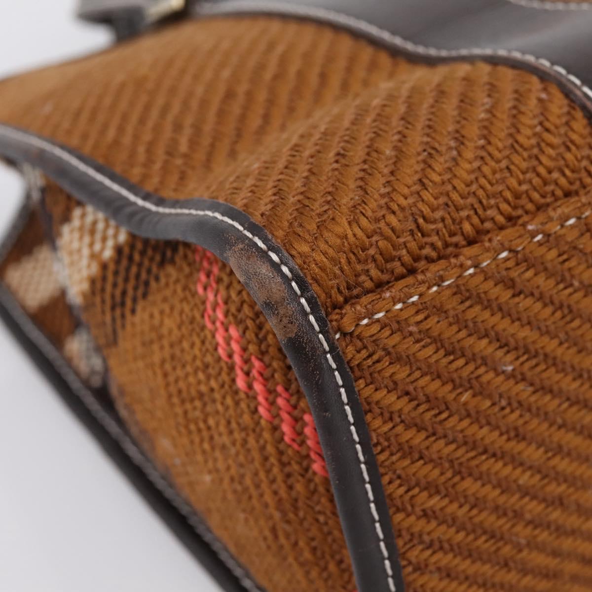 BURBERRY Nova Check Blue Label Hand Bag Wool Brown Gold Auth bs36933