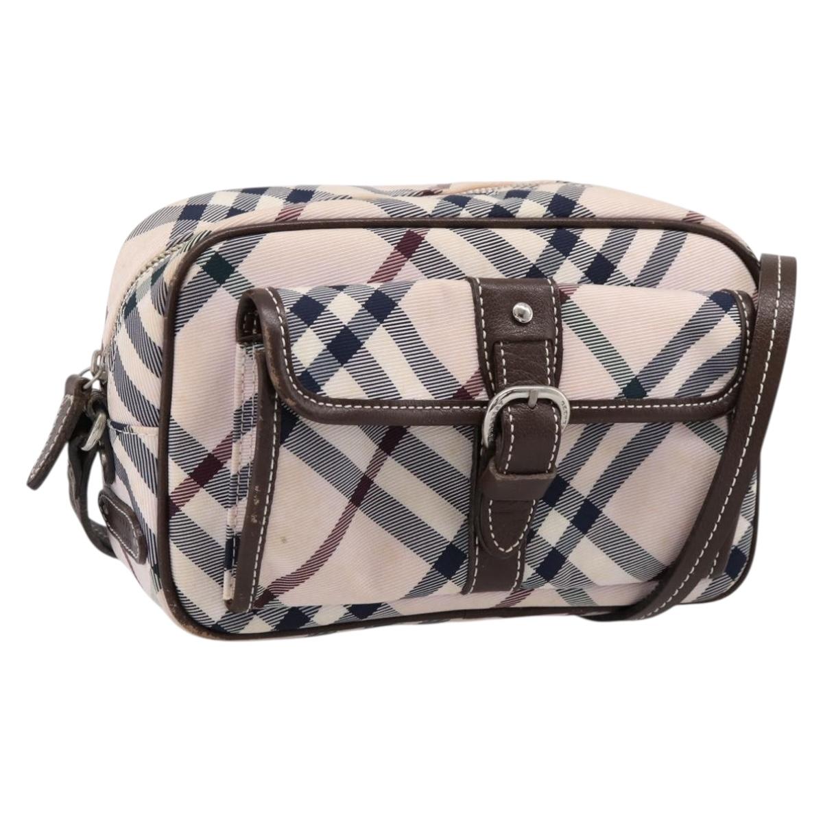 BURBERRY Nova Check Blue Label Shoulder Bag Canvas Beige Silver Auth bs36934