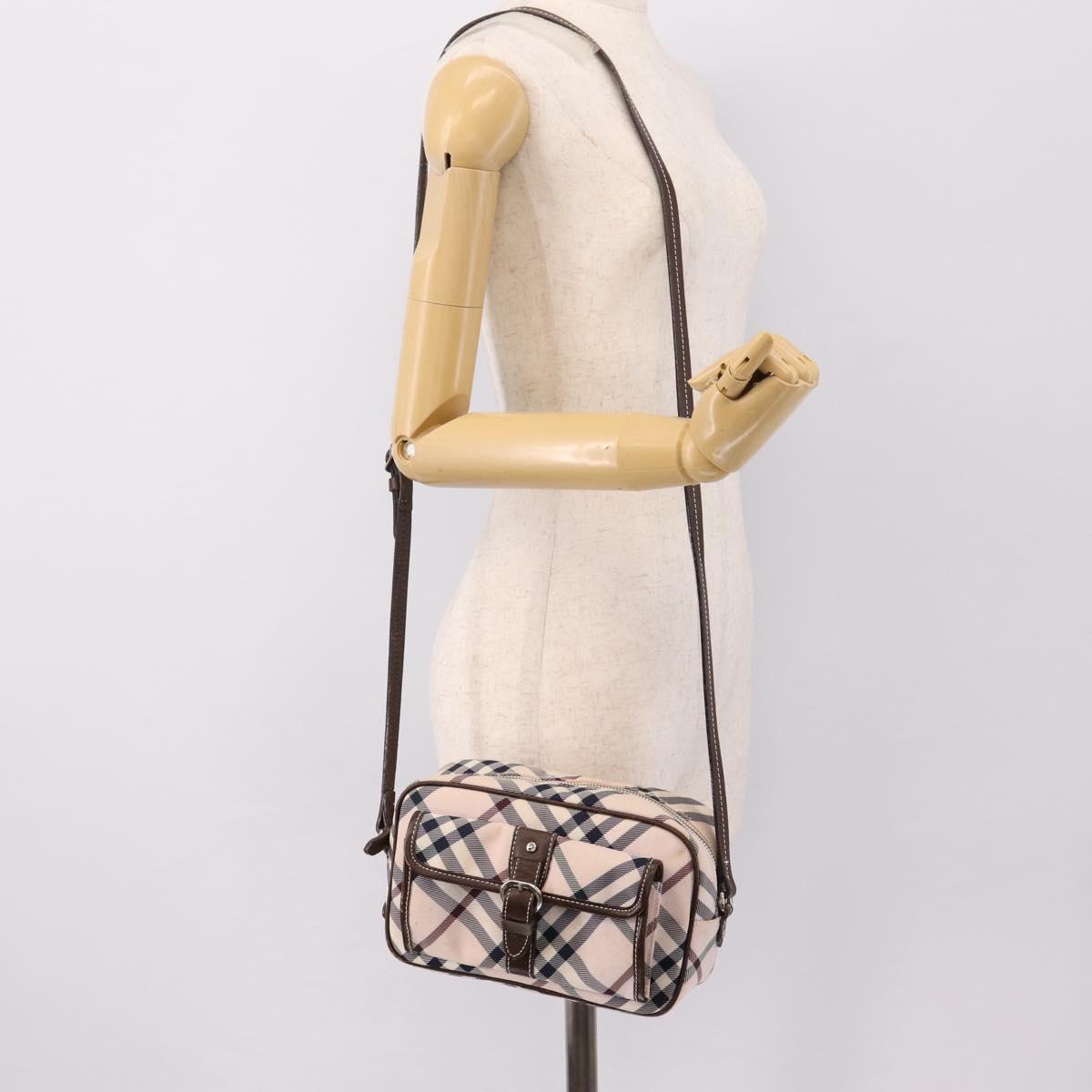 BURBERRY Nova Check Blue Label Shoulder Bag Canvas Beige Silver Auth bs36934