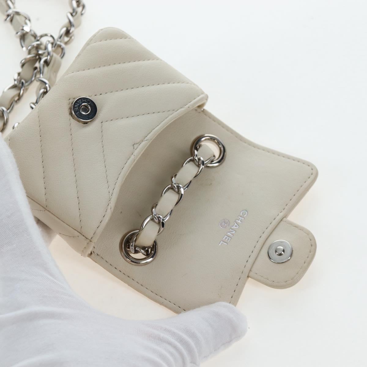 CHANEL V-stitch Classic Mini Chain Bag Lamb Skin Beige Silver CC Auth bs36939M