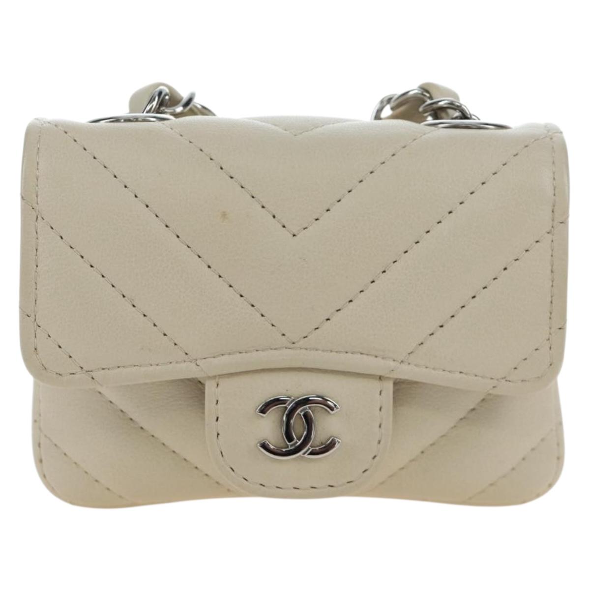 CHANEL V-stitch Classic Mini Chain Bag Lamb Skin Beige Silver CC Auth bs36939M