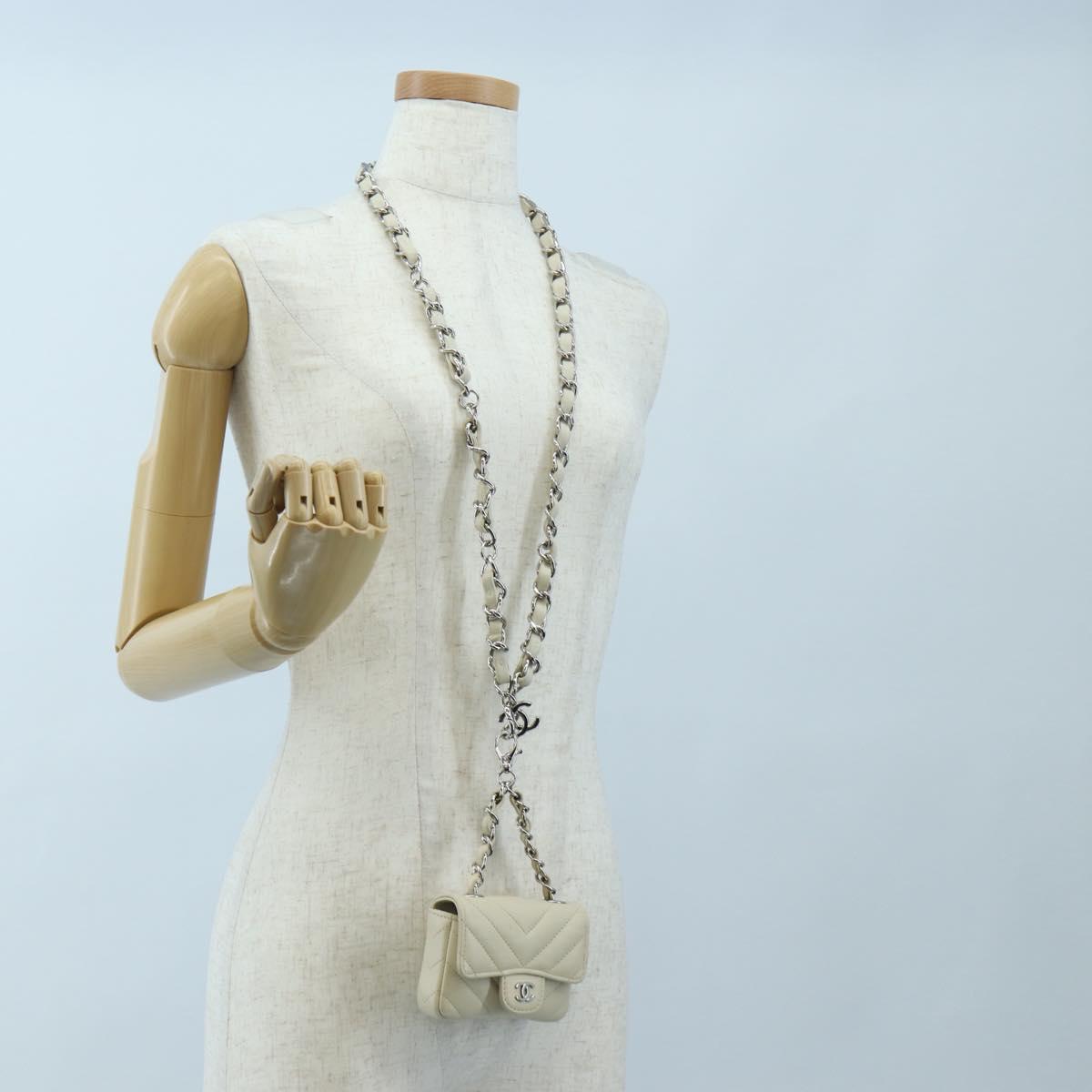 CHANEL V-stitch Classic Mini Chain Bag Lamb Skin Beige Silver CC Auth bs36939M