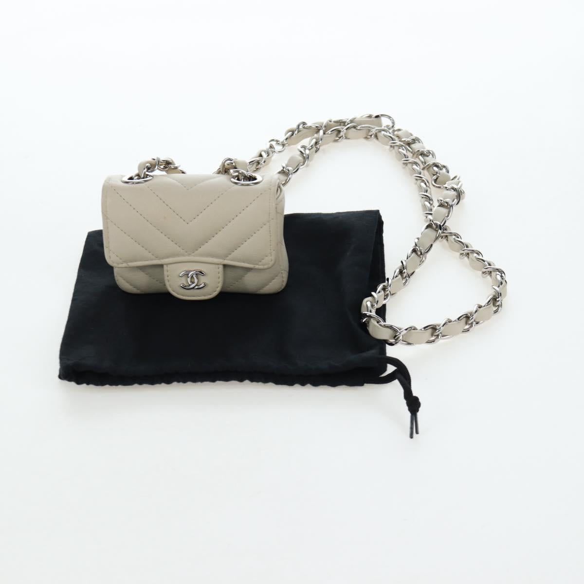 CHANEL V-stitch Classic Mini Chain Bag Lamb Skin Beige Silver CC Auth bs36939M