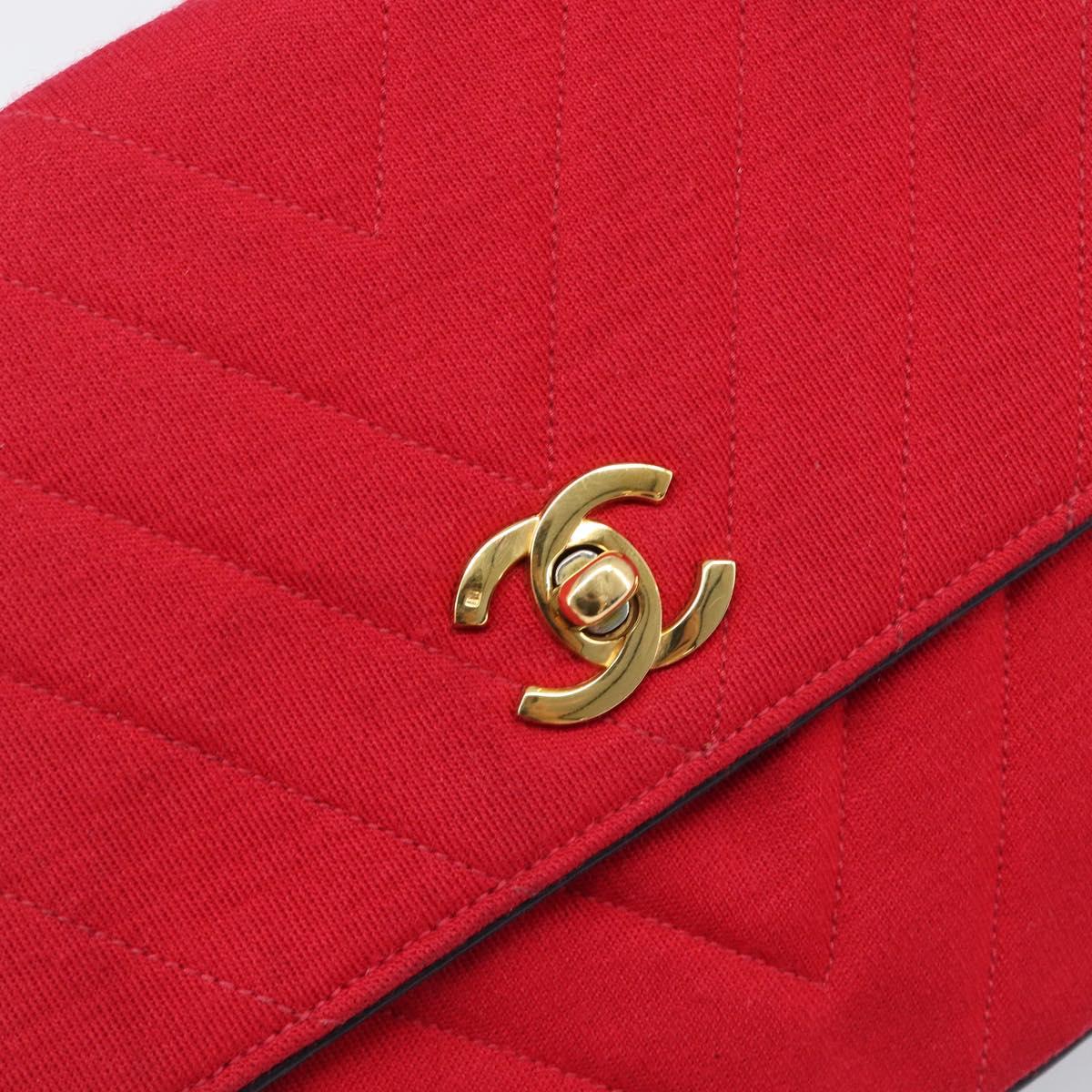 CHANEL Chain V Stitch Shoulder Bag Cotton Red Gold CC Auth bs36943A
