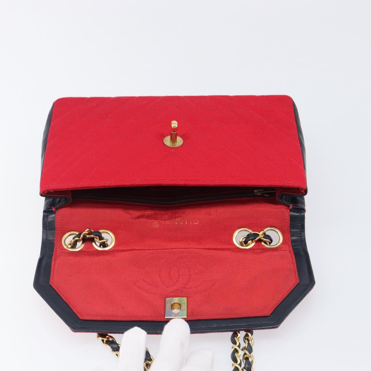 CHANEL Chain V Stitch Shoulder Bag Cotton Red Gold CC Auth bs36943A