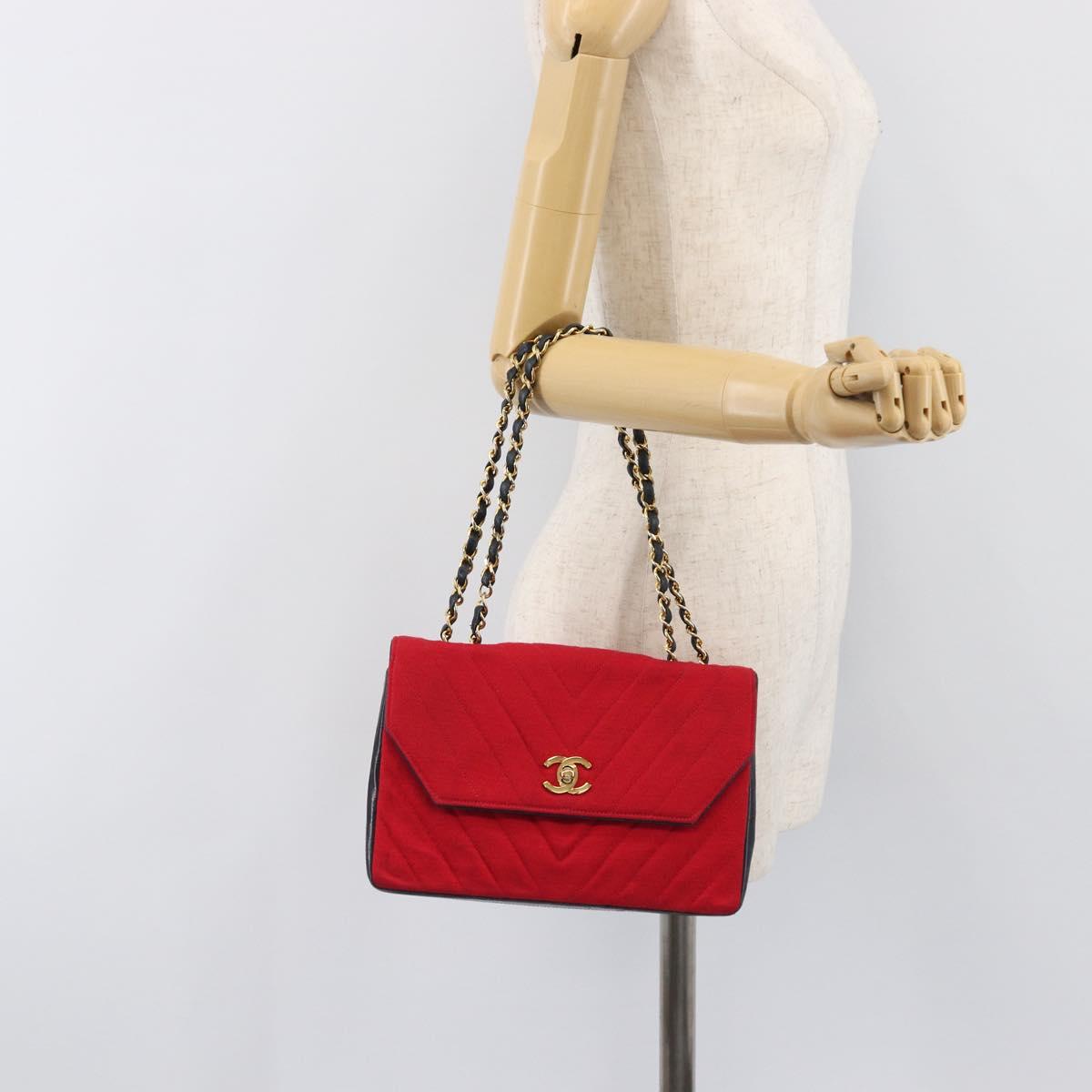 CHANEL Chain V Stitch Shoulder Bag Cotton Red Gold CC Auth bs36943A