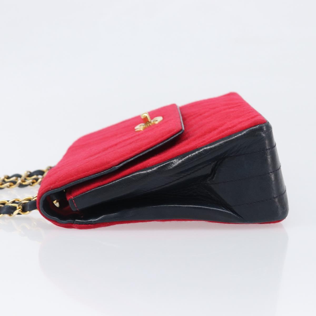 CHANEL Chain V Stitch Shoulder Bag Cotton Red Gold CC Auth bs36943A