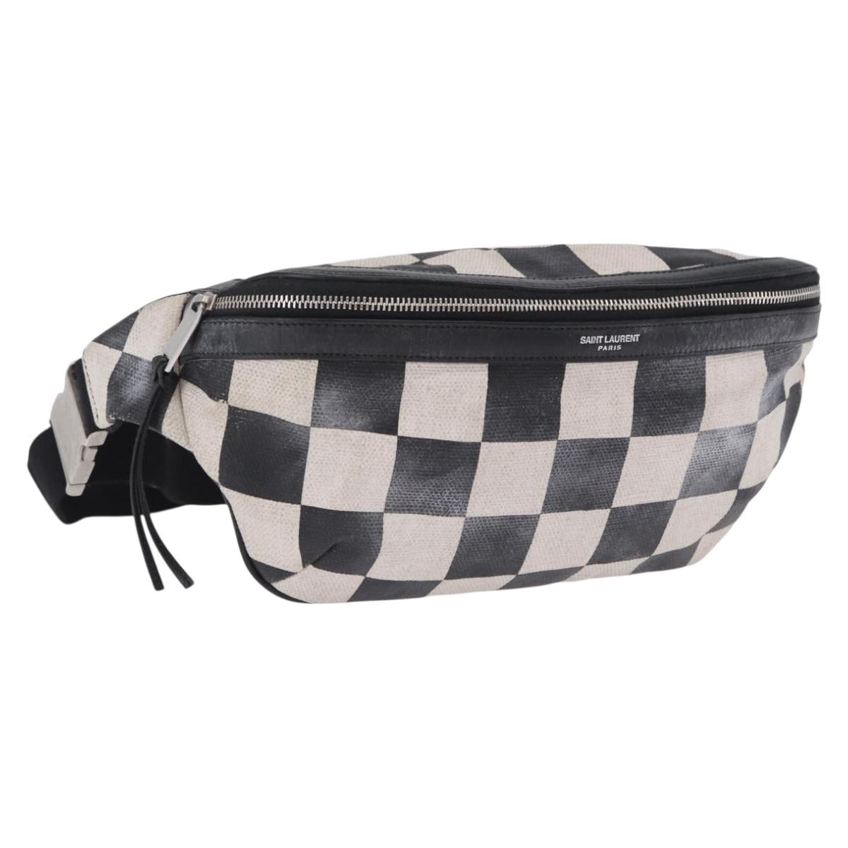 SAINT LAURENT Waist Bag Coated Canvas White Black Auth bs36944