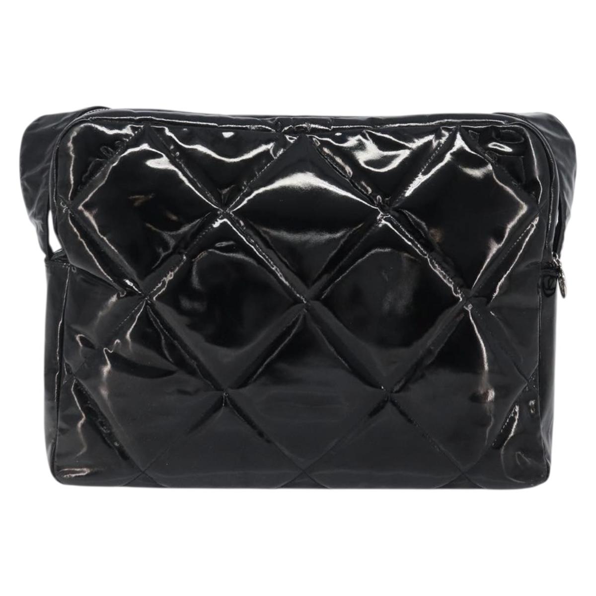 CHANEL Matelasse Shoulder Bag Patent leather Black Silver CC Auth bs36946