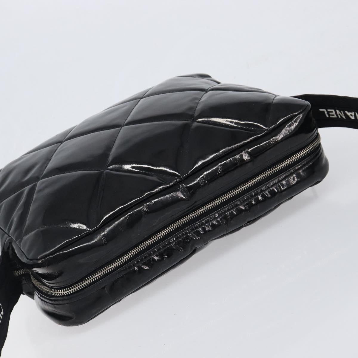 CHANEL Matelasse Shoulder Bag Patent leather Black Silver CC Auth bs36946
