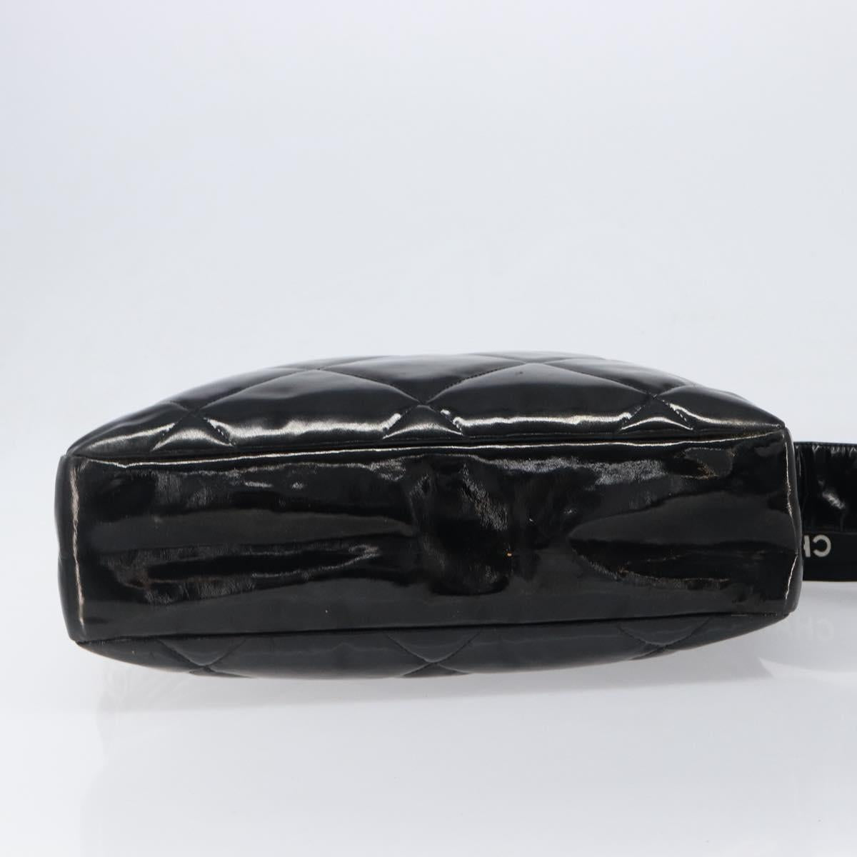 CHANEL Matelasse Shoulder Bag Patent leather Black Silver CC Auth bs36946