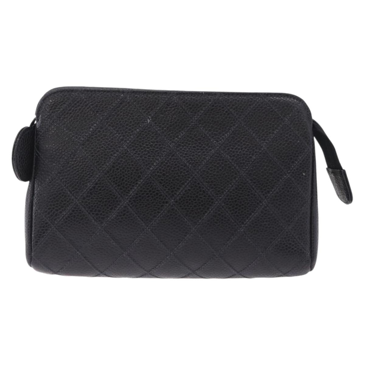 CHANEL Matelasse Pouch Caviar Skin Black Gold CC Auth bs36949