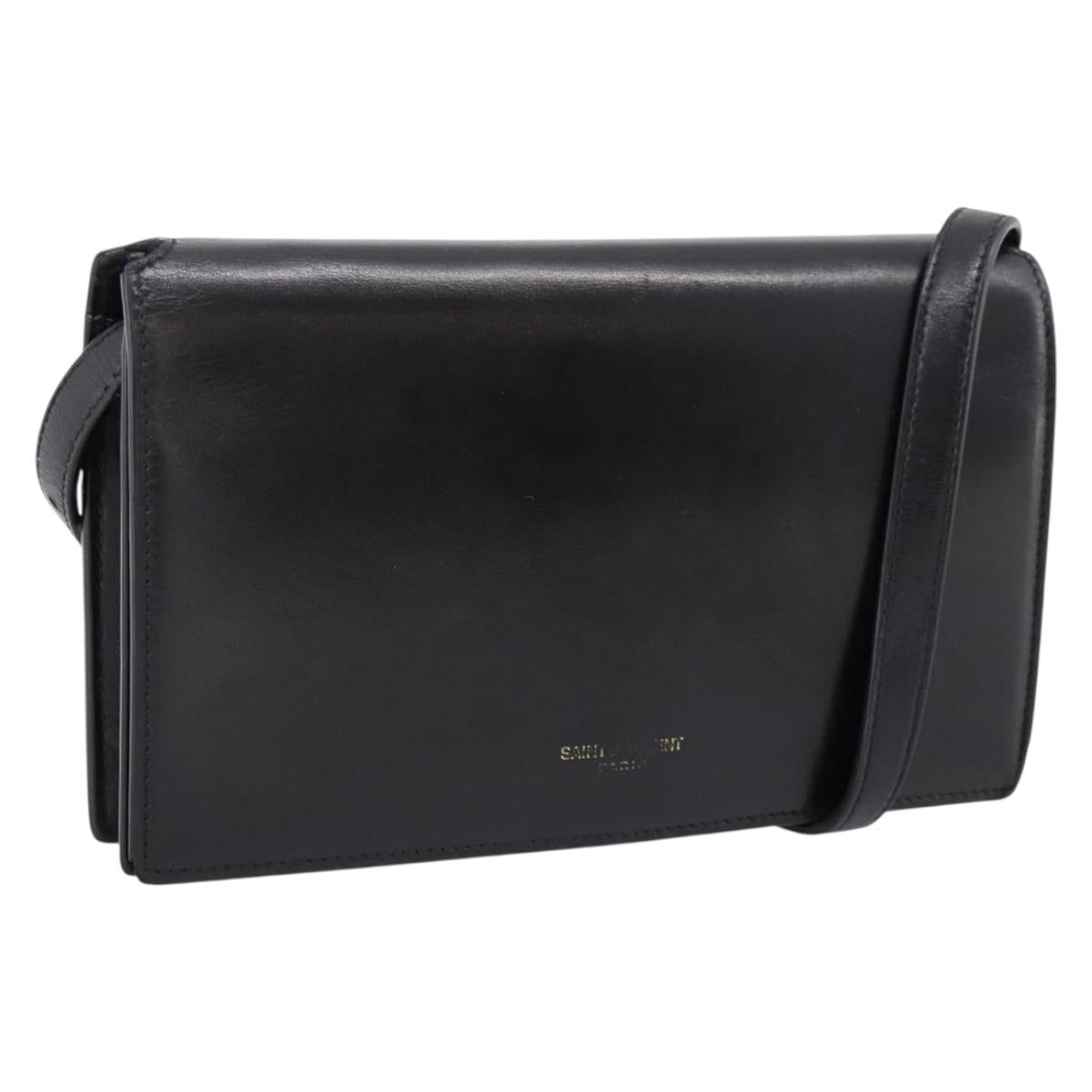 SAINT LAURENT Shoulder Bag Leather Black Gold Auth bs36963