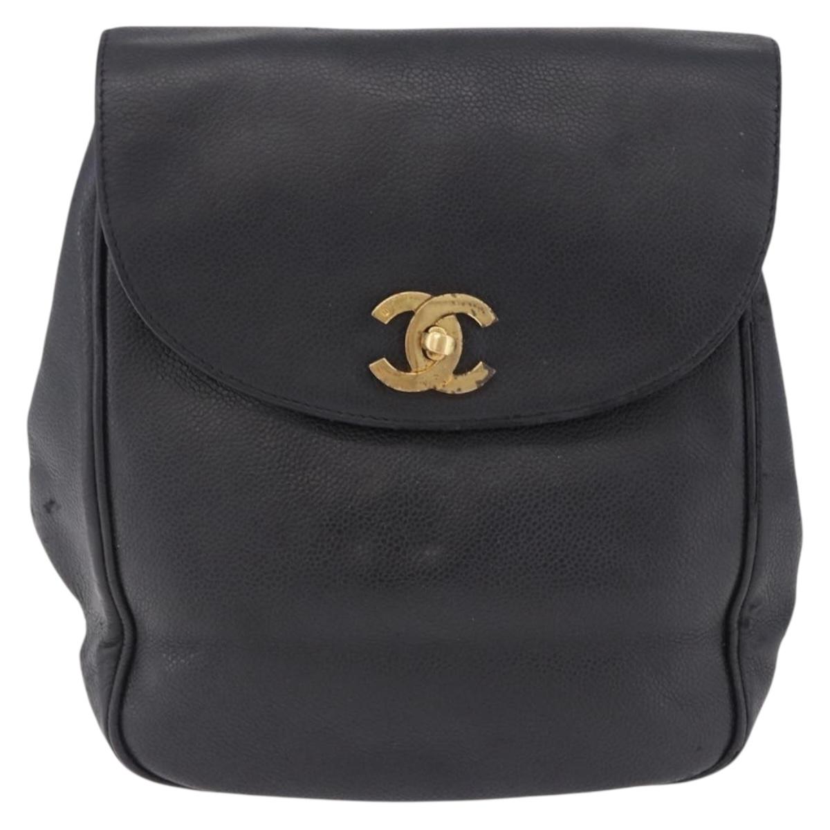 CHANEL Backpack Caviar Skin Black Gold CC Auth bs36973