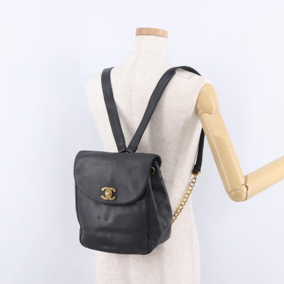 CHANEL Backpack Caviar Skin Black Gold CC Auth bs36973