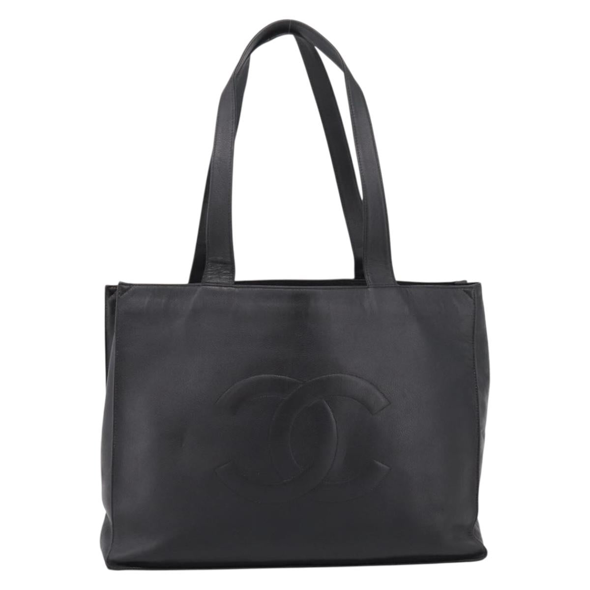 CHANEL COCO Mark Tote Bag Caviar Skin Black Gold CC Auth bs36974