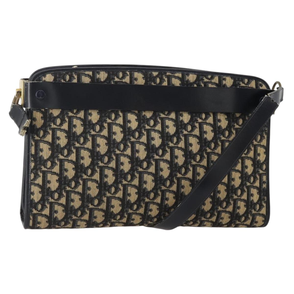 Christian Dior Trotter Canvas Shoulder Bag Navy Gold Auth bs36975