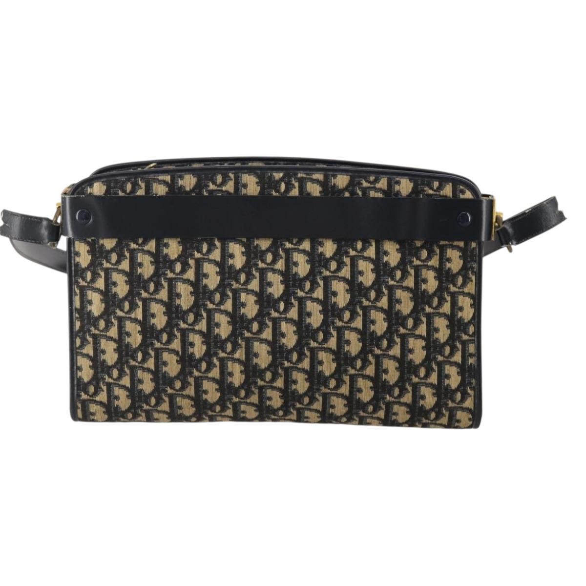 Christian Dior Trotter Canvas Shoulder Bag Navy Gold Auth bs36975