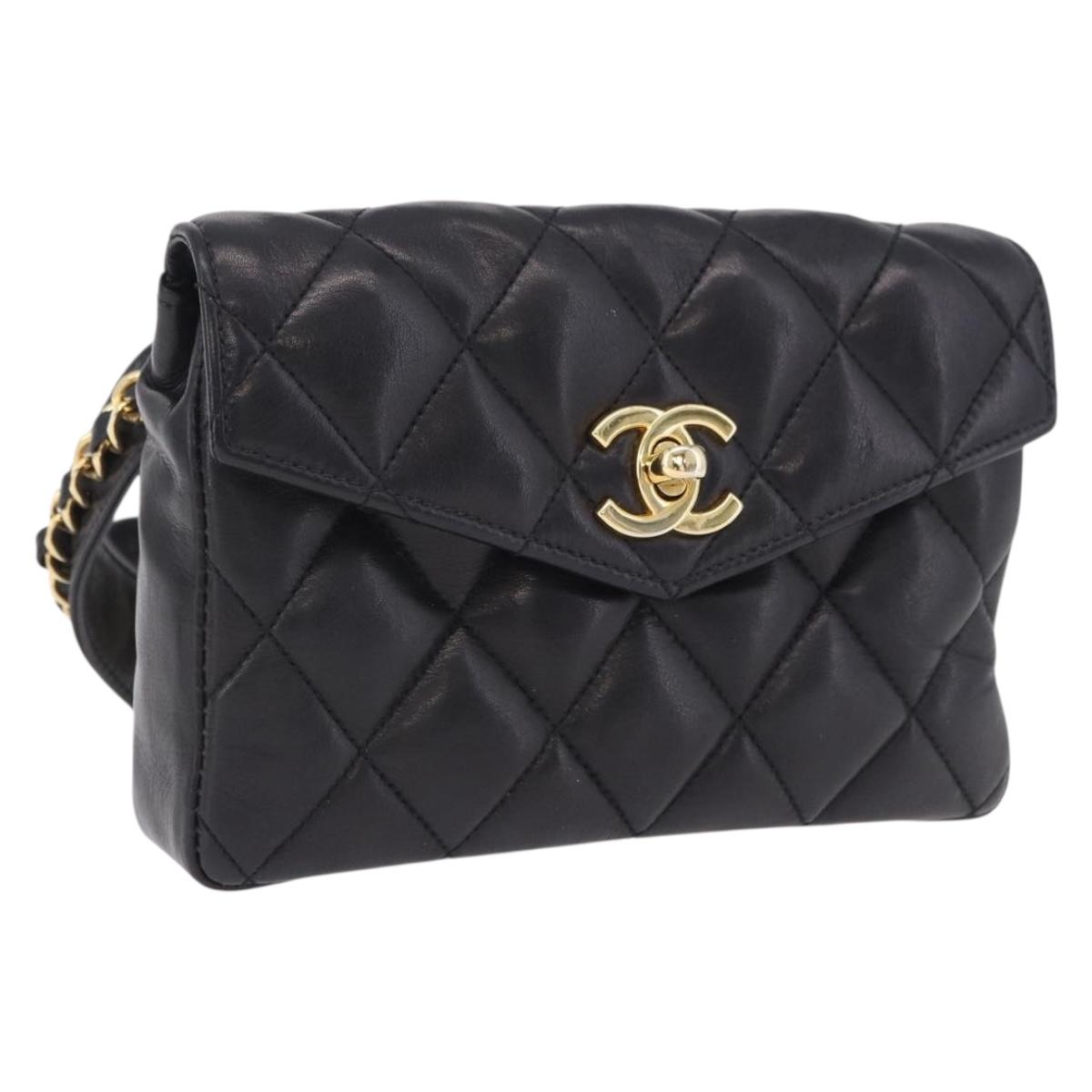 CHANEL Matelasse Chain Waist bag Lamb Skin Black Gold CC Auth bs36984A