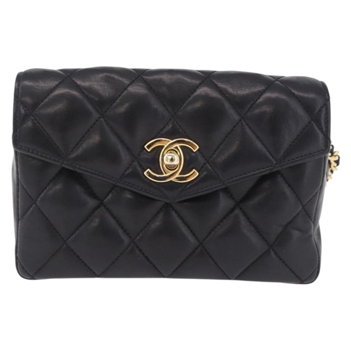 CHANEL Matelasse Chain Waist bag Lamb Skin Black Gold CC Auth bs36984A
