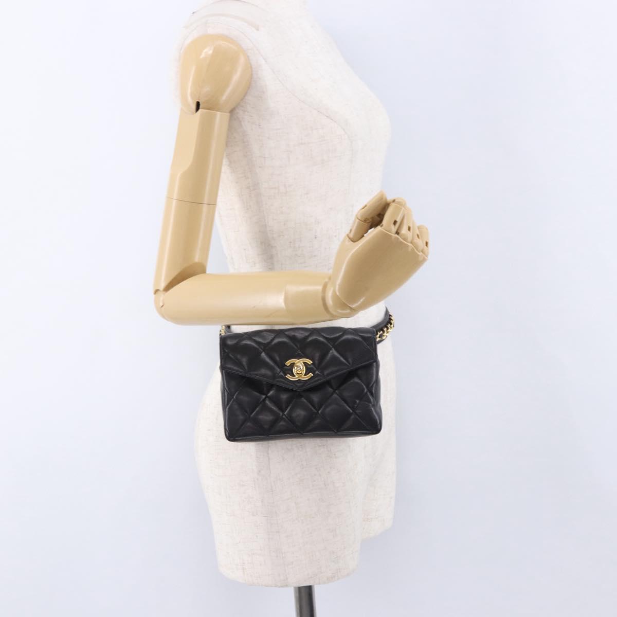 CHANEL Matelasse Chain Waist bag Lamb Skin Black Gold CC Auth bs36984A