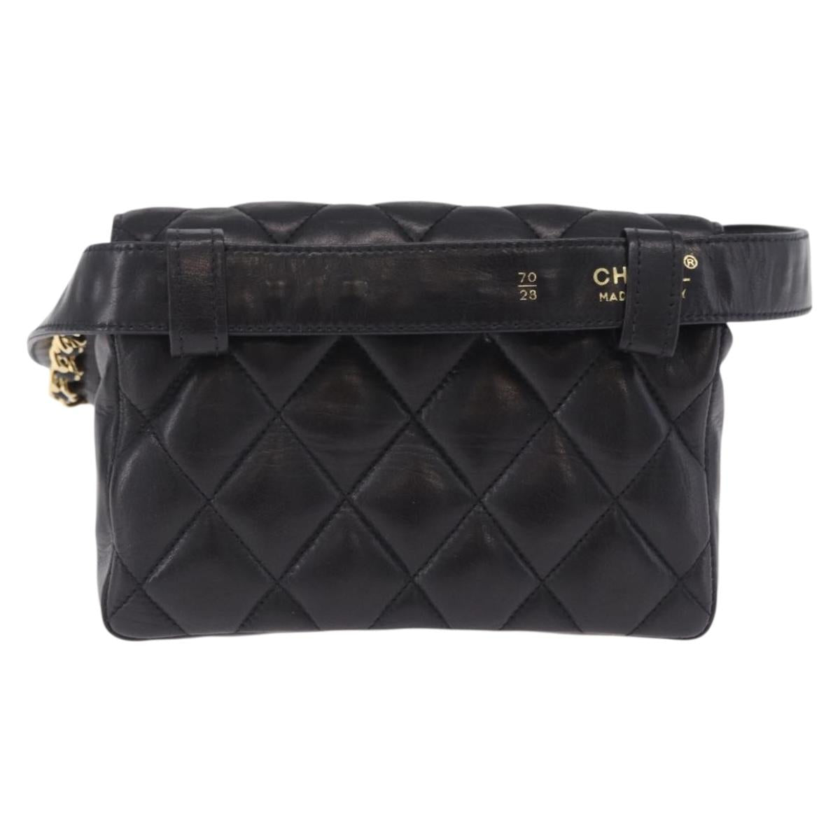 CHANEL Matelasse Chain Waist bag Lamb Skin Black Gold CC Auth bs36984A