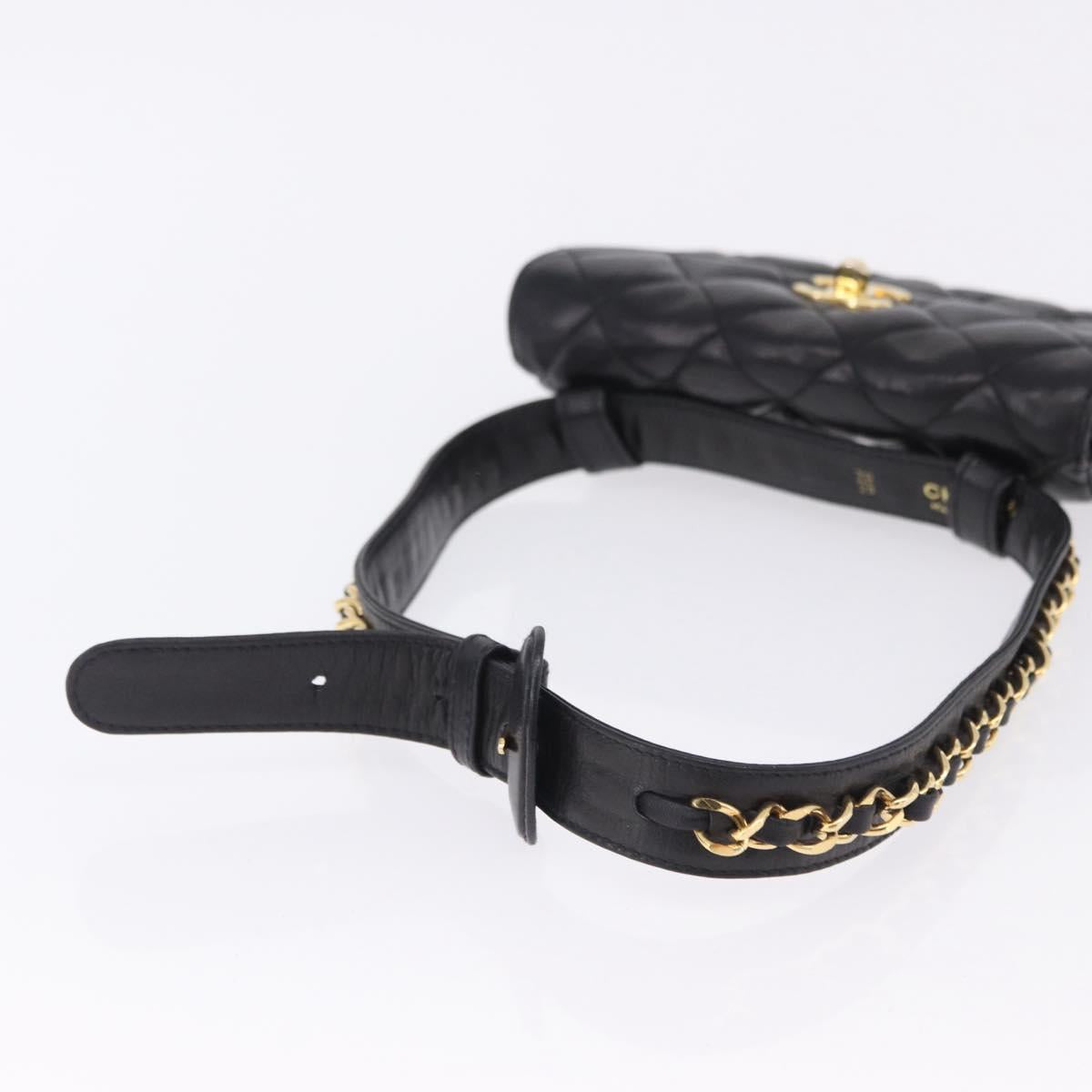 CHANEL Matelasse Chain Waist bag Lamb Skin Black Gold CC Auth bs36984A