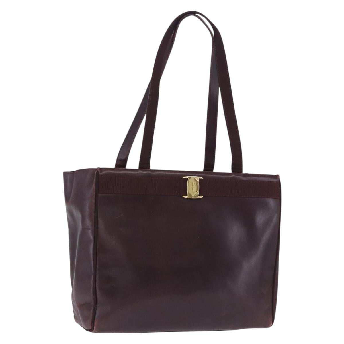 Salvatore Ferragamo Tote Bag Leather Wine Red Gold Auth bs37015